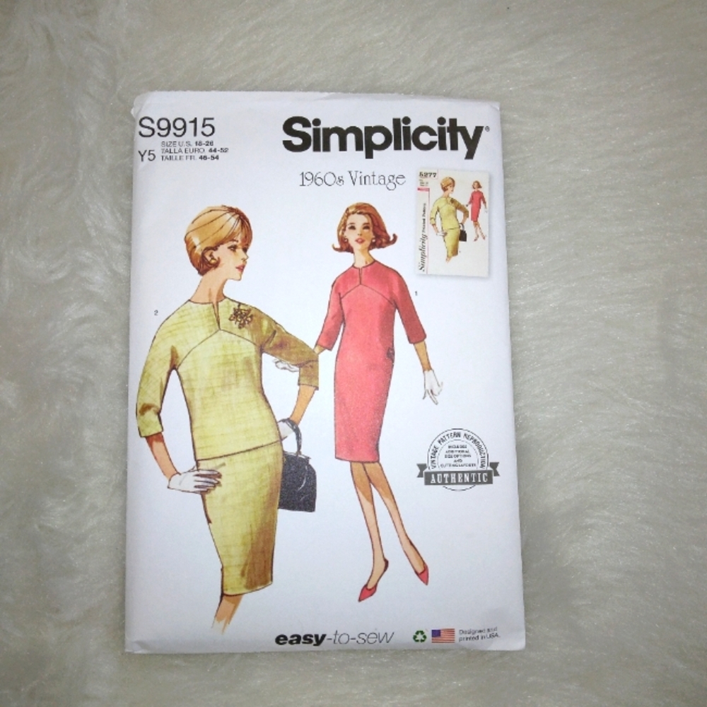 SIMPLICITY S9915 Sz 18-26 Easy-to-Sew One Or Two Piece 1960s Vintage Dress